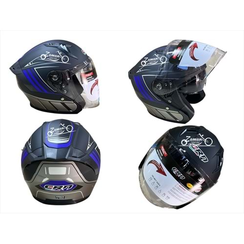 KASK ÇENESİZ GÖZLÜKLÜ CRN (MAT SİYAH - MAVİ) (M)